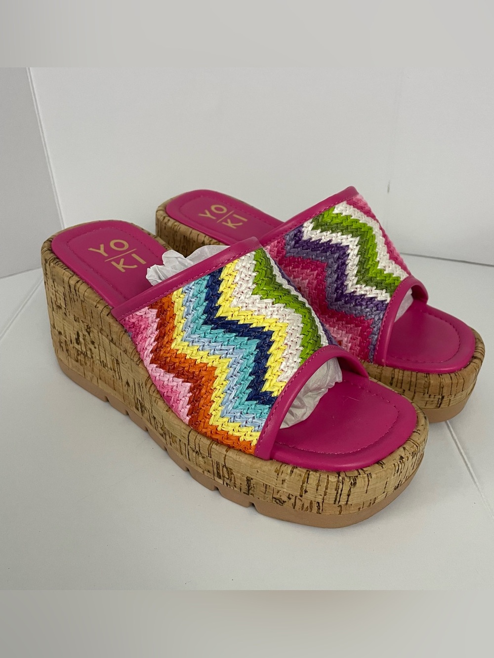 Yoki Hot Pink Multi-Color Zigzag Wedge Slide Sandals size 8